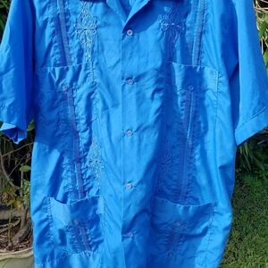 Vintage Guayabera Blue Mexico Yucateca AZAEL brand Made In Mexico Large XL
